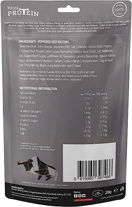 Hunters Biltong Peppered Beef Biltong 28g Pack of 10 High Protein - Back of packet - Flavour