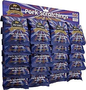 Mr Tubs Premium Pork Scratchings - Gluten Free - Perfectly Salted, 20 x 18g Bags - Pub Style, Low Carb, Keto & Paleo Friendly, Hand Cooked Pork Rind Crackling Snack