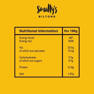 Smally's Biltong Original - High Protein Beef Snack, Ready to Eat, Gluten Free, Low Fat, No Added Sugar, No Artificial Colours or Flavours - 250g Pack - Nutritional Information