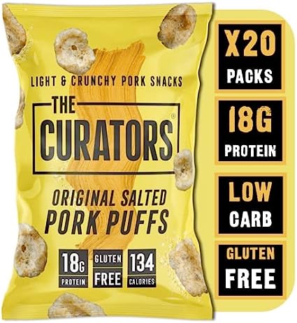THE CURATORS High Protein Pork Puffs, Original Salted, 25g (20 Packs) 18g Protein Crisp Low Carb Keto Gluten Free Savoury Snack