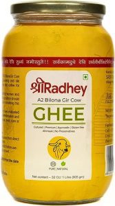 SHREE RADHEY A2 Bilona Gir Cow Ghee 1 Litre Traditional Bilona Method Cultured Premium Immunity Booster Pure Natural Healthy Lactose and gluten free Keto Friendly Glass Bottle